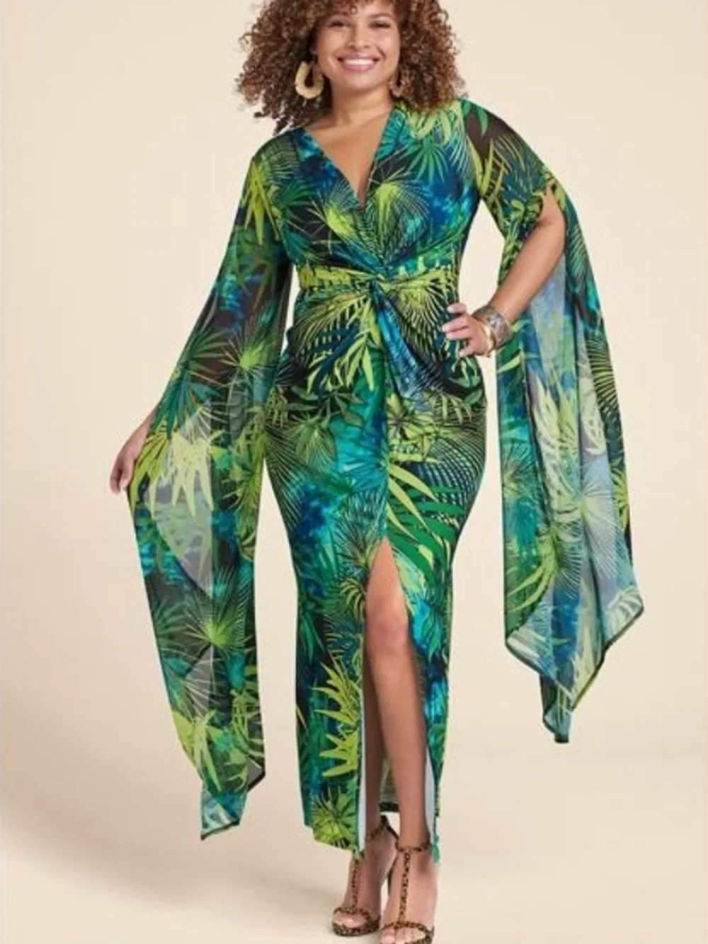 VENUS exaggerated bell sleeve Green Blue Tropical palm Leaf Maxi Dress J.Lo slit - Picture 1 of 7